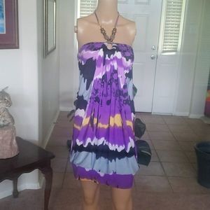 Chelsey S 70s color swirls wooden balls halter midi beachwear party dress